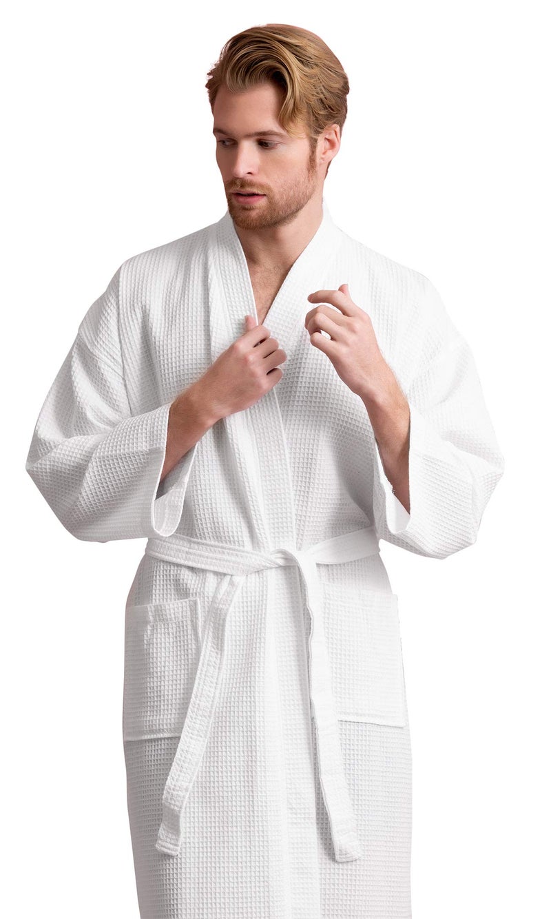 Soft Touch Linen Men's Cotton Waffle Bathrobe, Luxurious & Lightweight, Comfortable & Absorbent, Softness, Fast Dry, Adjustable wrap belt, Front 2 Pockets, Cozy Wear, (White, Large) - Image 2